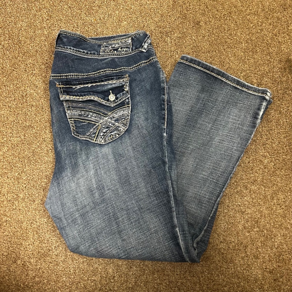 Ariya Jeans Womens Medium Wash Bootcut Denim Embellished Sequin Flap Pocket Y2K